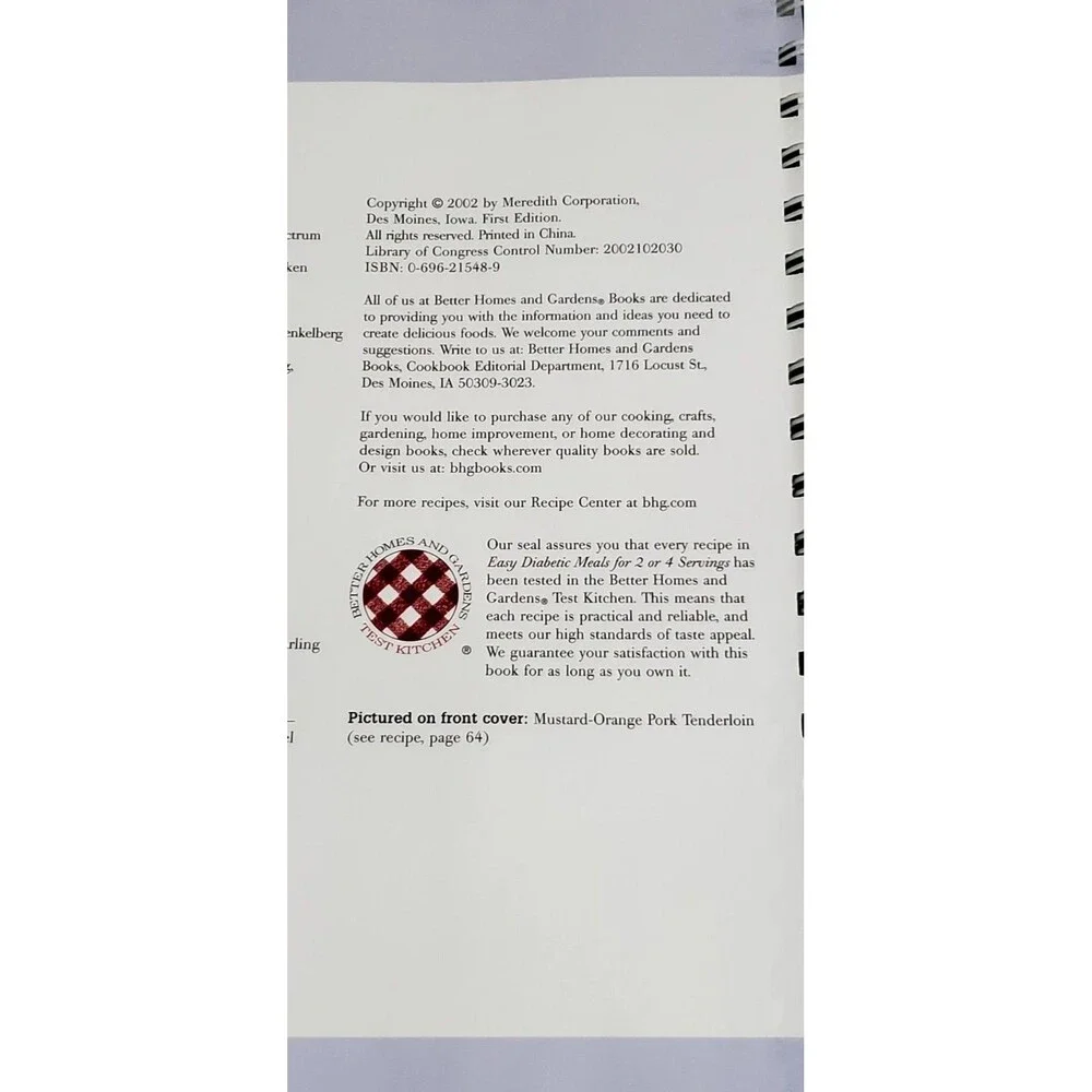 Easy Diabetic Meals by Kristi Fuller 2002 Spiral Cookbook for 2 or 4 Servings